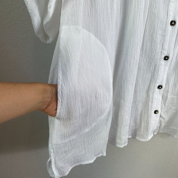 Coldwater Creek Womens Petite Large White Button Up Shirt Roll Tab Sleeve Pocket - Picture 7 of 11